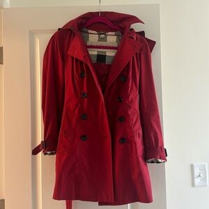Burberry Brit Red Double Breasted Hooded Trench Coat
